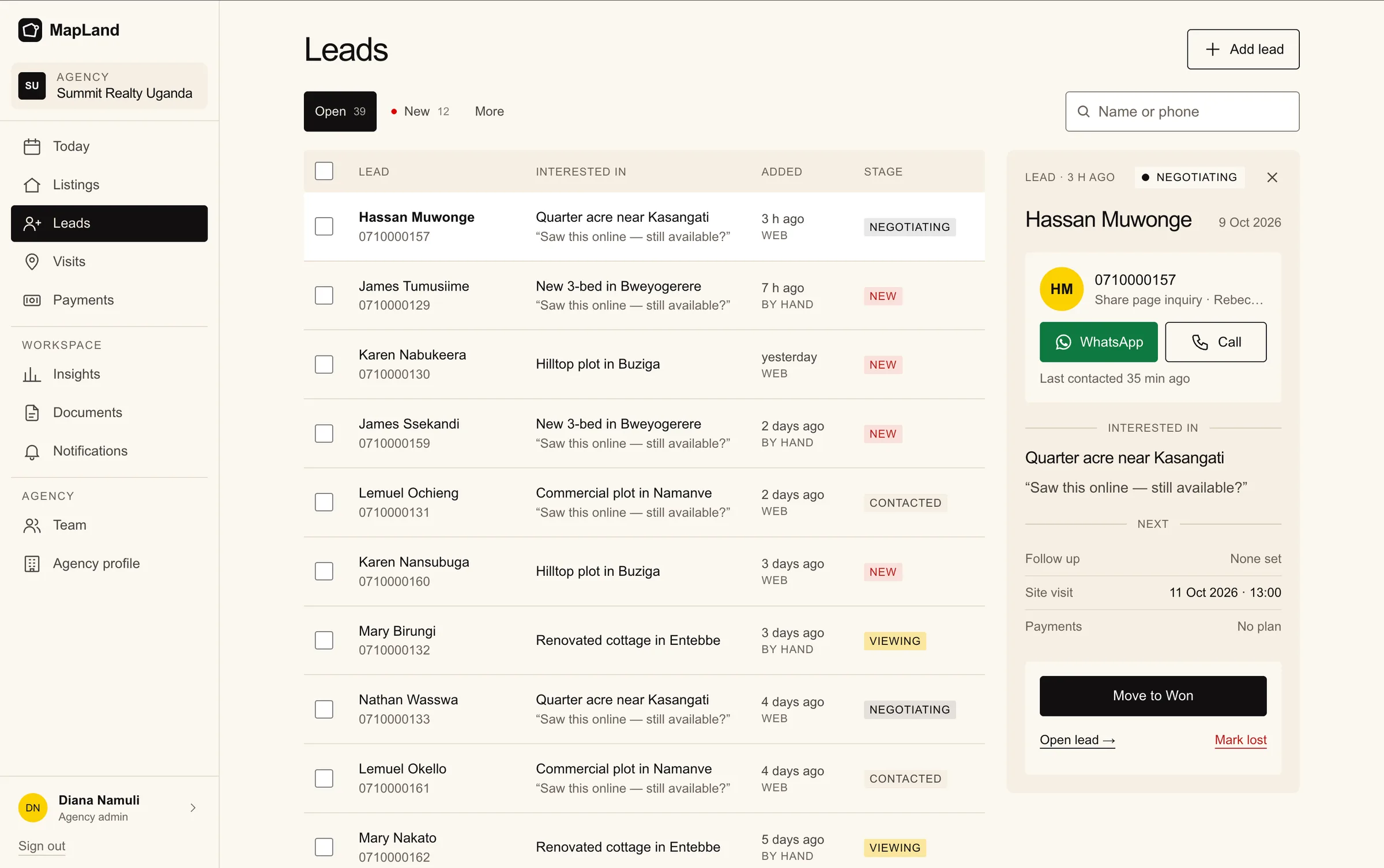 MapLand leads list with a lead's details open beside it