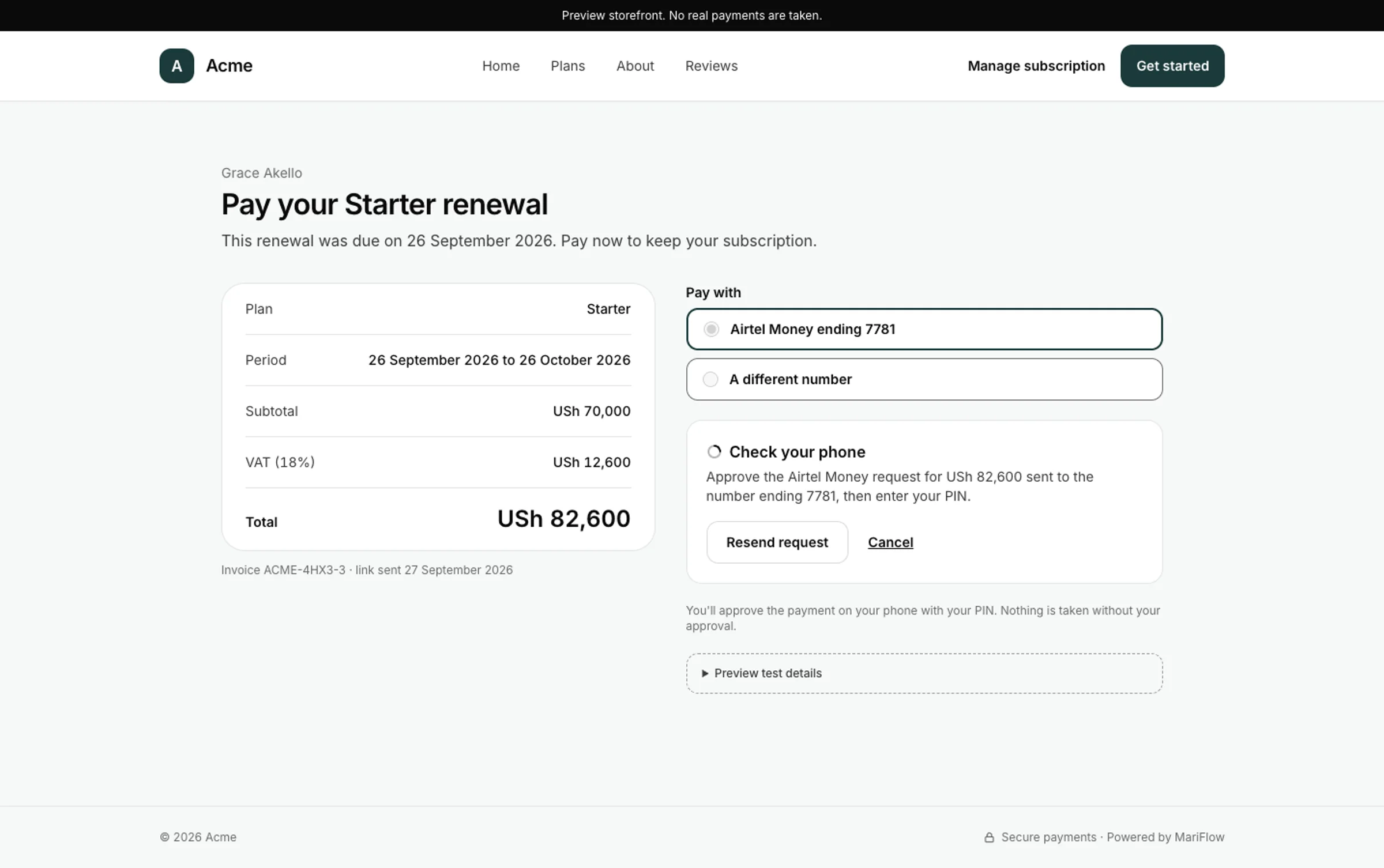 Renewal pay link asking to approve Airtel Money on the phone