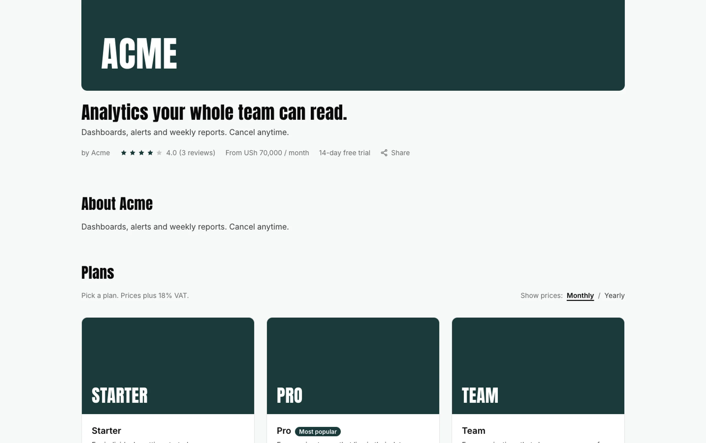 Acme storefront plans: Starter, Pro and Team